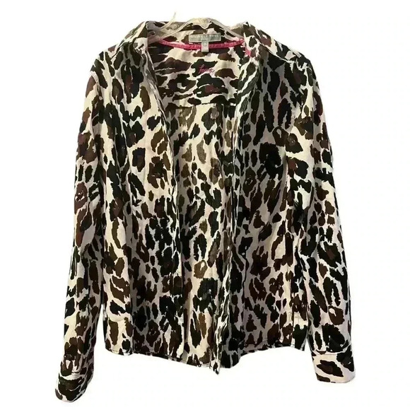 Foxcroft Women's Animal Print Blouse Long Sleeve Collared Button-Front Brown - Picture 3 of 7